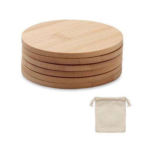 Set van 6 bamboe onderzetters met katoenen zakje